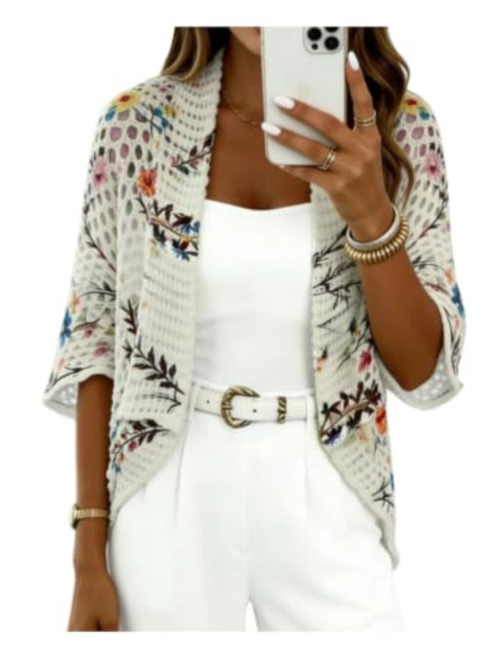 Women's Crochet Open Front Cardigan Floral Half Sleeve Lightweight
